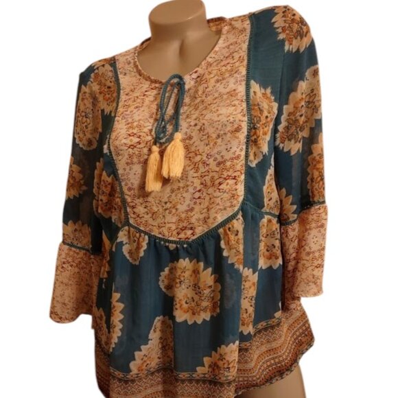 GORGEOUS BOHO 3/4 SLEEVES VINTAGE AMERICA BLUES PEASANT SHIRT SZ M - Picture 1 of 3